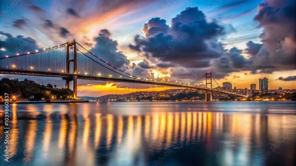 Fototapeta premium Captivating Long Exposure of Bosphorus Bridge at Night - Istanbul's Iconic Landmark with Glowing Lights and Serene