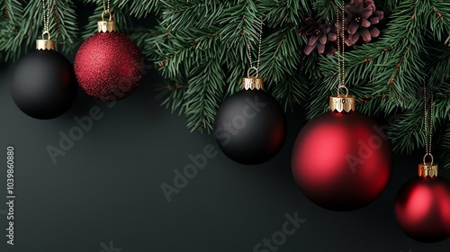 Red and black Christmas baubles hanging from a pine tree, 3D illustration