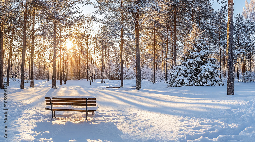 Scenic background winter park, garden with bench in nature in evening light outdoors, space for copy, panorama landscape. generative, ai Scenic background winter park, garden with bench in nature in evening light outdoors, space for copy, panorama landscape. generative, ai