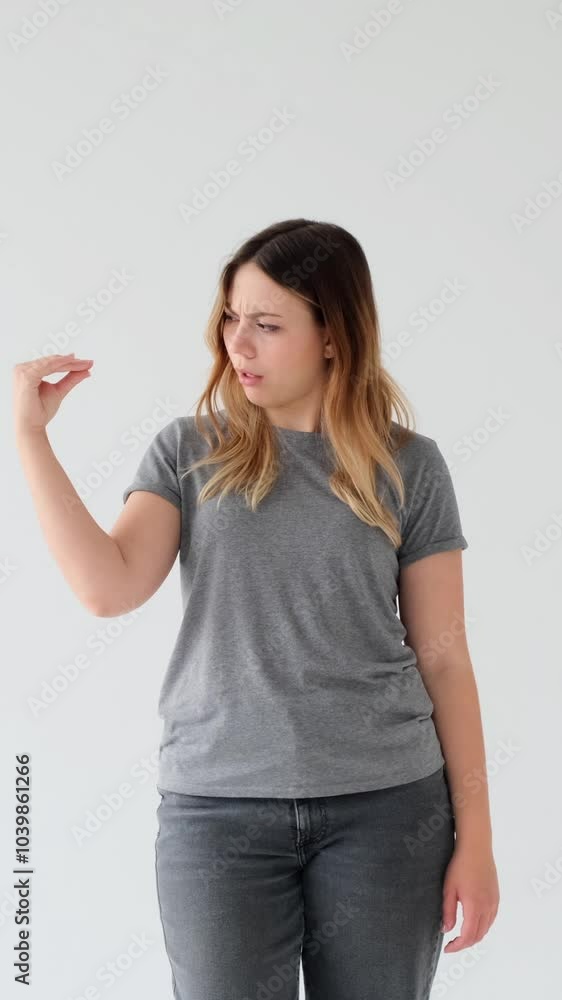 Portrait of a frustrated young adult Caucasian woman showing bla-bla gesture, standing on white background. Symbol of communication and chitchat. Vertical video. Portrait of a frustrated young adult Caucasian woman showing bla-bla gesture, standing on white background. Symbol of communication and chitchat. Vertical video.