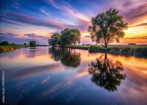 Captivating Low Light River Scene at Dusk with Glimmering Reflections and Soft Shadows