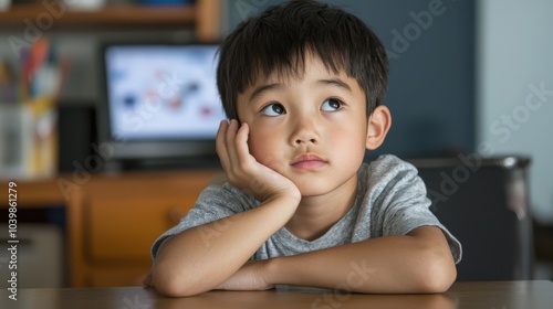 child sitting at table, looking thoughtful while resting his chin on his hand, appears to be engaged in learning or contemplating. background features computer, suggesting modern learning