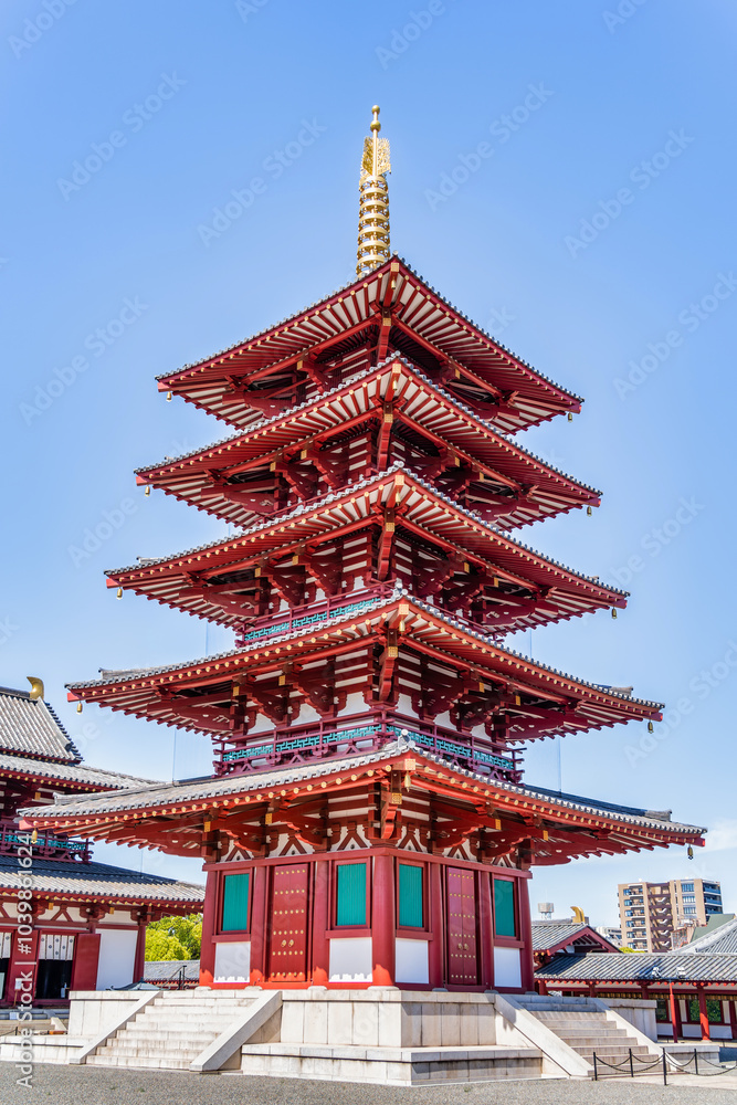 View with The Five Story Pagoda at Shitennoji Gojunoto temple in Osaka, Japan. View with The Five Story Pagoda at Shitennoji Gojunoto temple in Osaka, Japan.