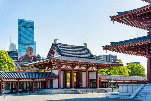 Shitennoji Buddhist temple complex located in Osaka, Japan. Traditional Japanese architecture