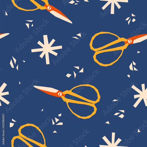 Seamless pattern with scissors, snowflakes, and torn paper scraps. Cutting snowflakes. Paper snowflakes. Vector seamless pattern with stationery elements and paper snowflakes