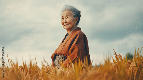 収穫期の稲穂と年配女性 photo