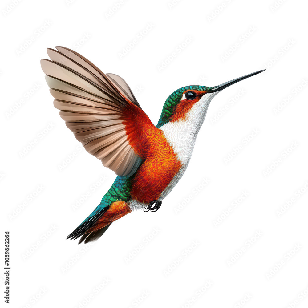 Obraz premium Vibrant hummingbird in mid-flight, showcasing its dazzling plumage isolated on transparent background.