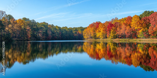 A peaceful lake mirrors the vibrant hues of autumn foliage, with trees displaying brilliant shades of red, orange, and yellow, creating a serene and tranquil natural scene