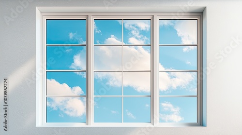 A modern window showcases a blue sky with fluffy clouds, framed by a light-colored wall, creating a serene and airy atmosphere.