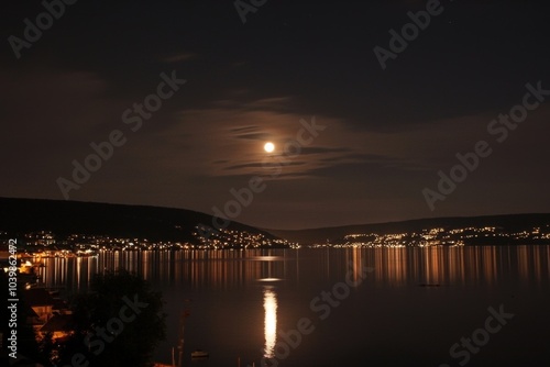 Mysterious moonlight casts shimmering reflections over a tranquil coastal bay at night photo