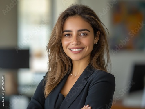 Young businesswoman from Morocco smiling with arms crossed in office