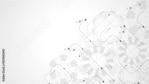 Abstract digital technology background with circuit board texture. Abstract gear wheel mechanism background. Engineering concept for poster, header, banner, website, presentation.