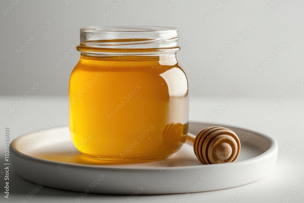 food photography, a shiny honey jar on a white plate, set against a simple white background food photography, a shiny honey jar on a white plate, set against a simple white background