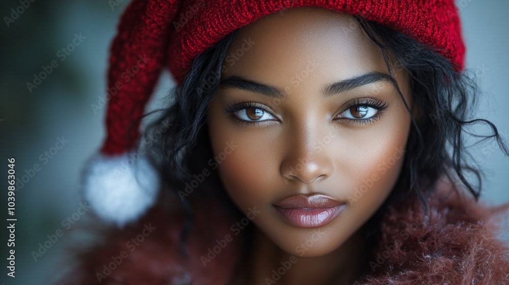 A woman with a red hat and a red scarf is smiling A woman with a red hat and a red scarf is smiling