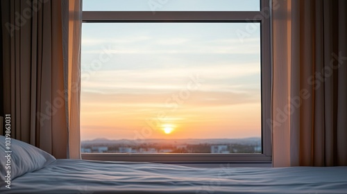 A serene bedroom scene showing a window with a beautiful sunset view, creating a calm and inviting atmosphere.