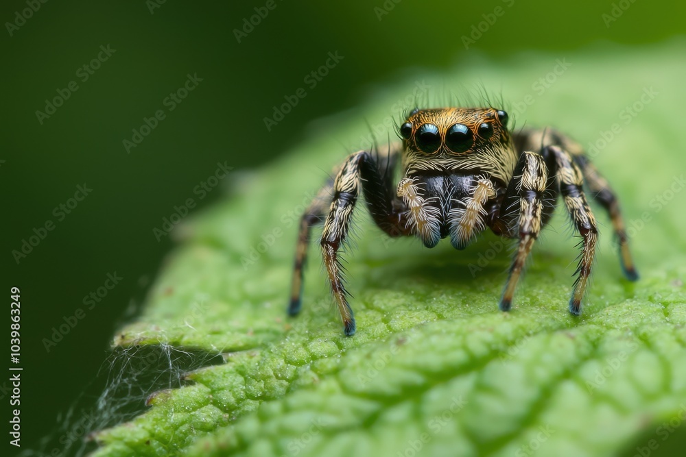 An agile spider explores a vibrant green leaf in a tranquil garden setting during the day An agile spider explores a vibrant green leaf in a tranquil garden setting during the day
