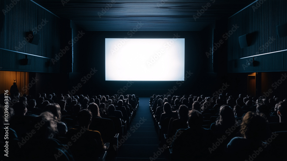 Audience watching a movie in a dark cinema with a bright screen Audience watching a movie in a dark cinema with a bright screen