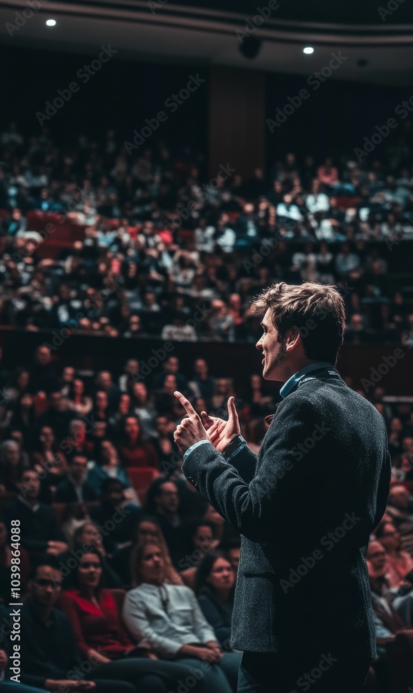 Man in suit addressing large audience. Man in suit addressing large audience.