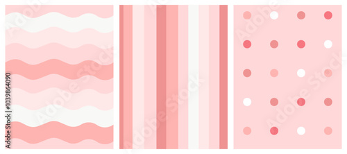 Cute seamless pattern set in pink color tone with wiggle wavy line, vertical stripes, and colorful dots on pastel pink background
