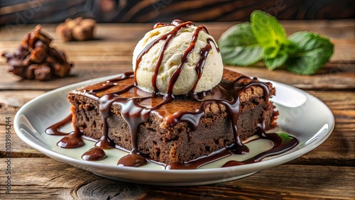 A Fudgy Brownie Topped with Vanilla Ice Cream and Chocolate Drizzle on a White Plate