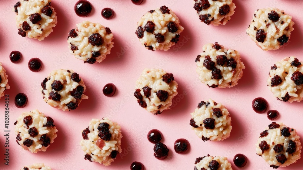 A flat lay of small, white rice balls with blackberries and a blackberry sauce on a pink background. A flat lay of small, white rice balls with blackberries and a blackberry sauce on a pink background.
