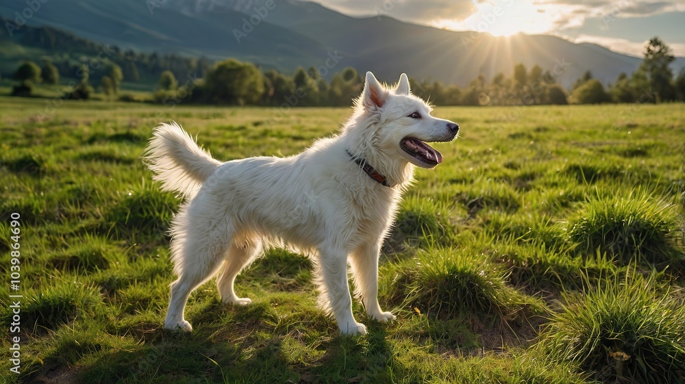 Happy white dog in the middle of the valley Happy white dog in the middle of the valley