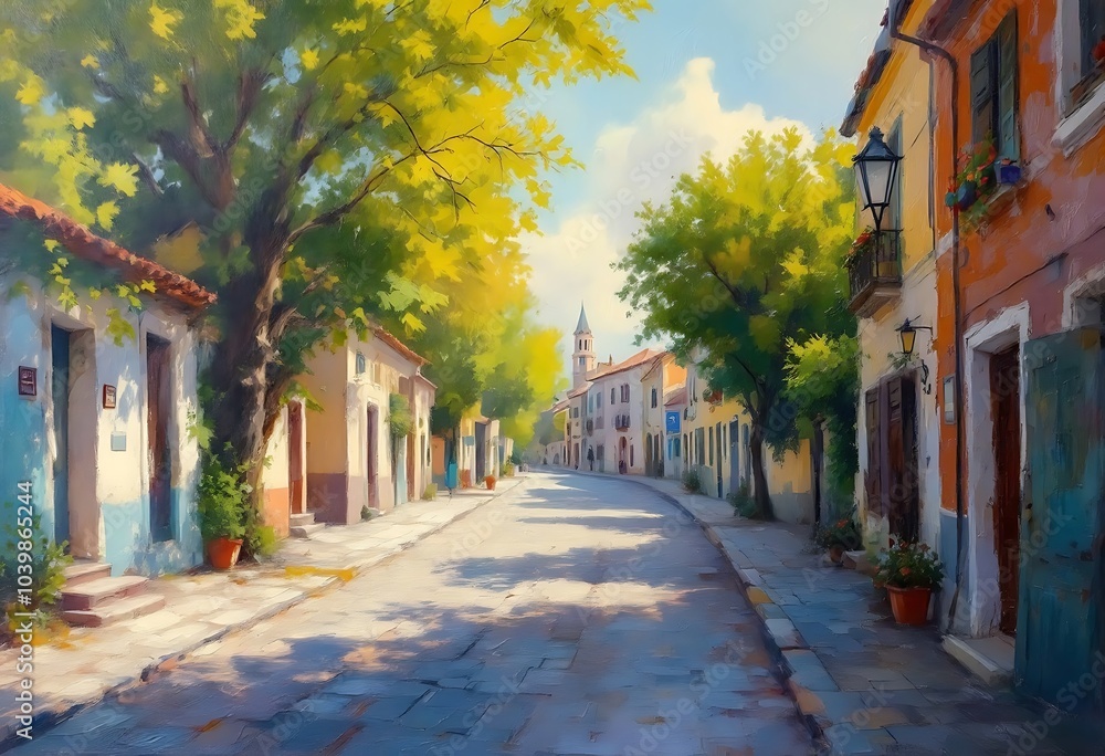 Obraz premium Oil painting, Street in Kefalonia, Greece 