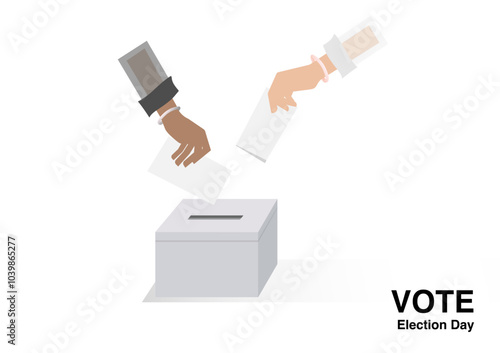 voter dropping ballots in the election box isolated on white background