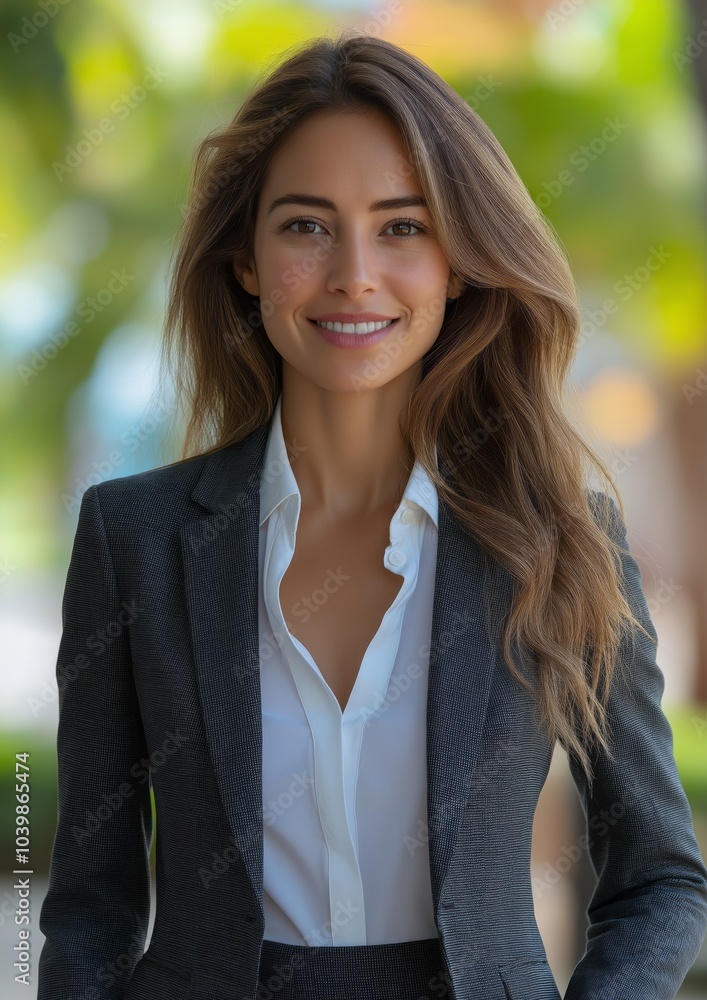 Businesswoman from Peru smiling outdoors wearing suit and shirt Businesswoman from Peru smiling outdoors wearing suit and shirt