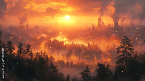 A panoramic view of a city skyline at sunset, with smoke and fog in the air.