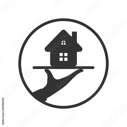 Person hand hold a tray with a house. Real estate offer sign isolated on white background. Vector illustration