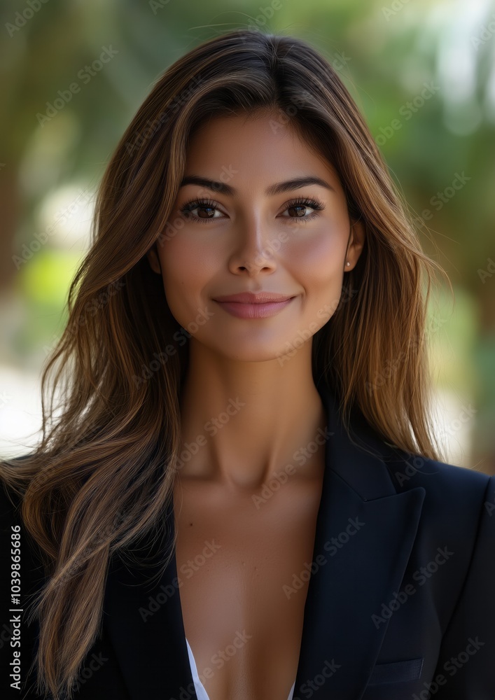 Obraz premium Beautiful latin business woman smiling outdoors with green background