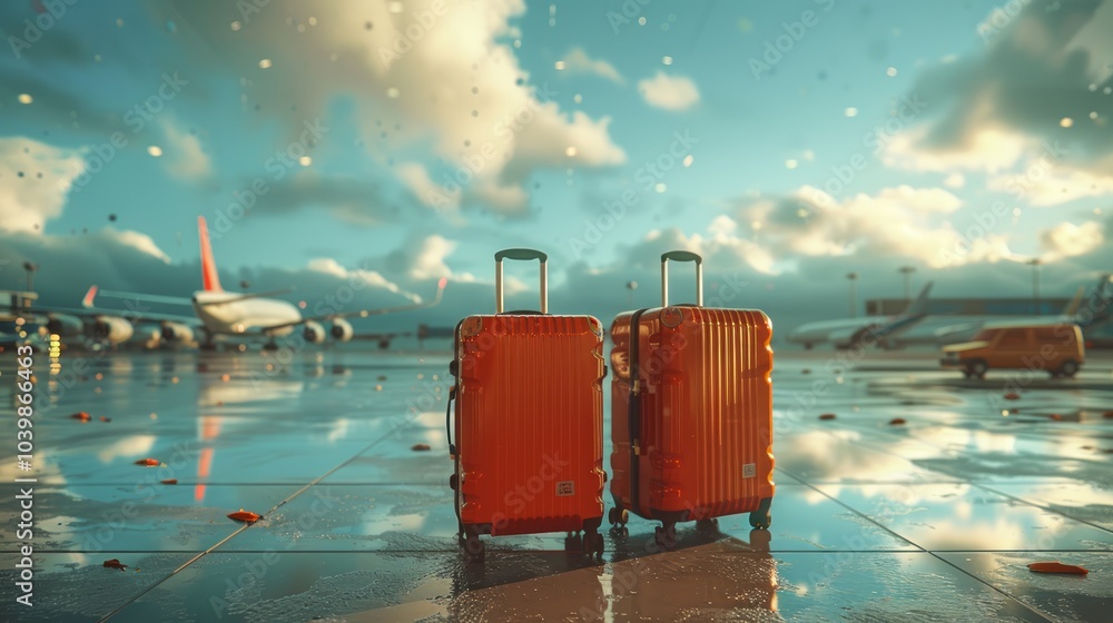 Two suitcases at an airport terminal, blue sky and plane in the background, concept of travel. 3D Rendering. Two suitcases at an airport terminal, blue sky and plane in the background, concept of travel. 3D Rendering.