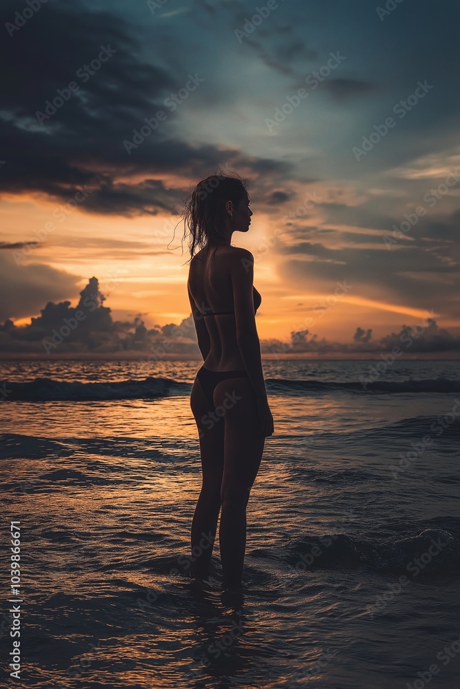 A silhouetted woman wades through ocean waves at sunset, enveloped in a dramatic and moody atmosphere. A silhouetted woman wades through ocean waves at sunset, enveloped in a dramatic and moody atmosphere.