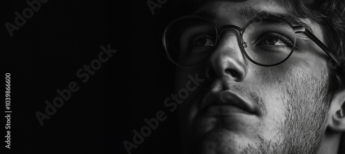 A thoughtful young man wearing glasses, captured in sharp focus with dramatic lighting against a dark backdrop. photo