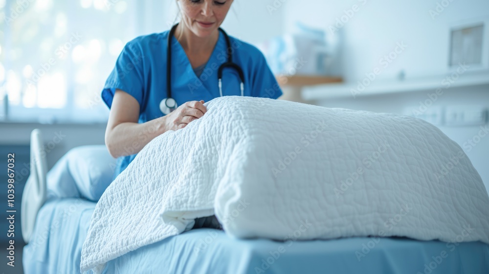 Obraz premium A nurse in scrubs adjusts a white blanket on a hospital bed, ensuring a comfortable environment for patients.