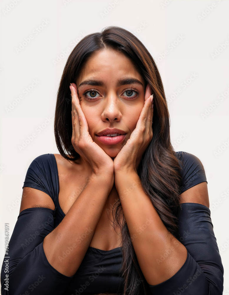 femme qui se tient la tête entre ses deux mains, l'air soucieux et inquiet femme qui se tient la tête entre ses deux mains, l'air soucieux et inquiet