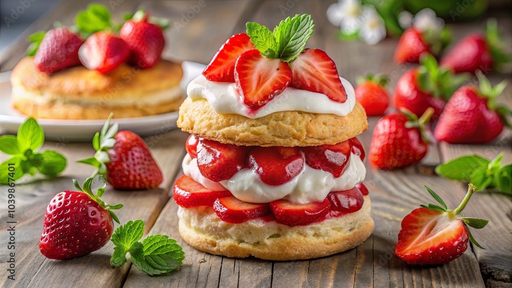 A layered dessert featuring a sweet biscuit base, topped with fresh, juicy strawberries and a dollop of creamy whipped topping A layered dessert featuring a sweet biscuit base, topped with fresh, juicy strawberries and a dollop of creamy whipped topping