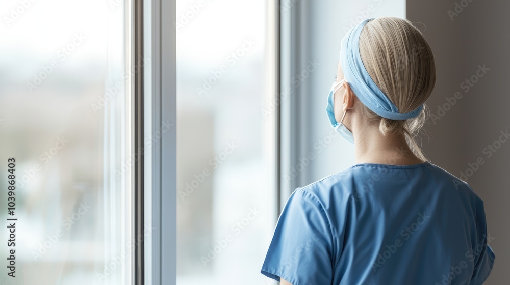 Fototapeta premium A healthcare professional in scrubs and a mask gazes thoughtfully out a window, reflecting on their experiences.