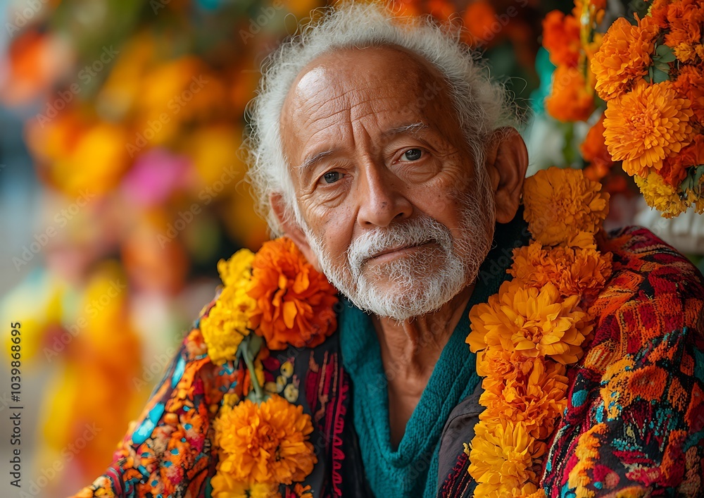 a person with white hair and beard dressed in a colorful floral jacket with orange blooms a person with white hair and beard dressed in a colorful floral jacket with orange blooms