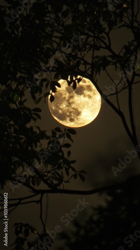 A tranquil night with a luminous full moon peeking through trees in a starlit sky photo