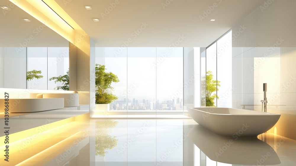 Fototapeta premium Modern Bathroom with City Skyline View