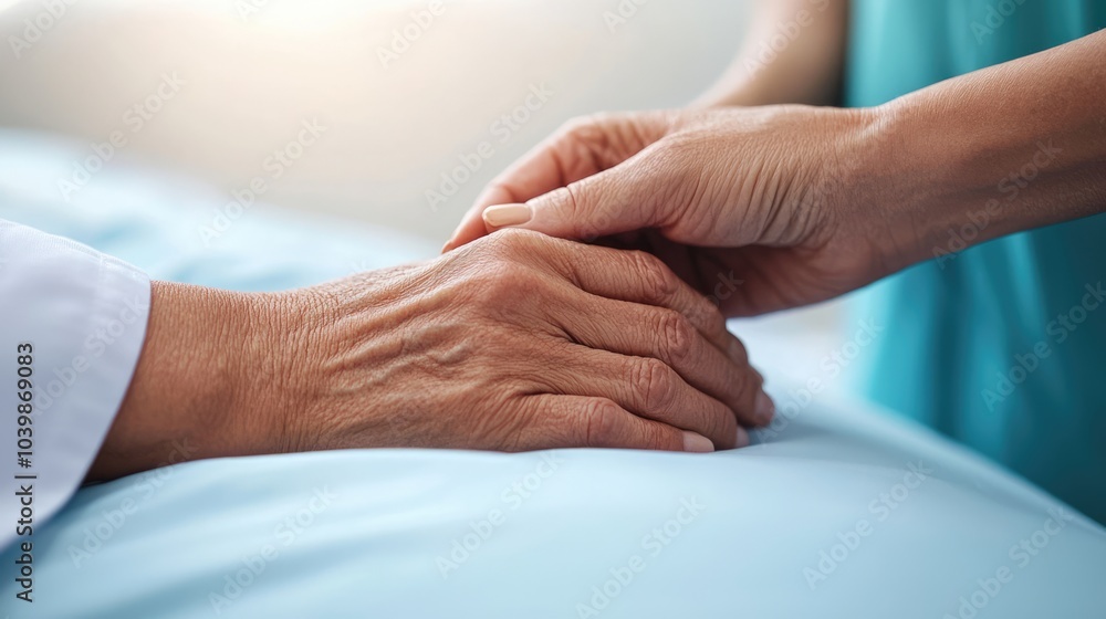 Fototapeta premium A caring moment between two hands, symbolizing compassion and support, possibly in a healthcare setting.