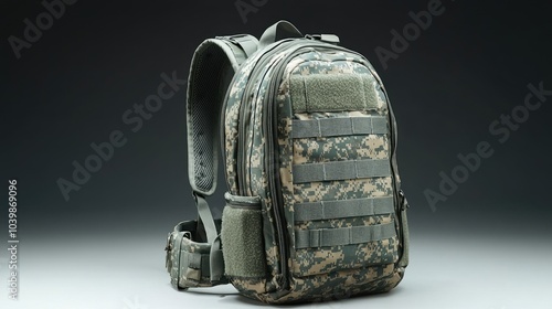 A green camouflage backpack with adjustable straps and a waist belt on a white background. photo