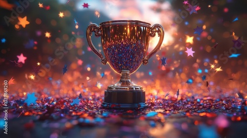 a playful cartoonstyle golden trophy cup surrounded by twinkling stars and festive confetti celebrating victories and achievements rendered in a vibrant and colorful 3d illustration