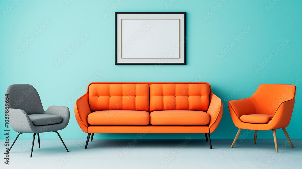 Orange sofa, couch and chair near light blue, turquoise wall with poster, picture, photo, logo frame. Modern Scandinavian interior design. Orange sofa, couch and chair near light blue, turquoise wall with poster, picture, photo, logo frame. Modern Scandinavian interior design.