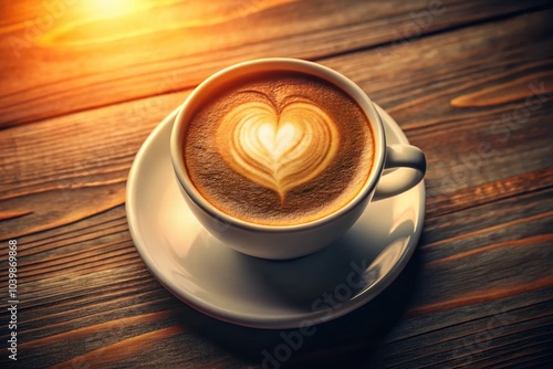 Close-up Aerial View of Coffee Cup with Heart Foam in Warm Tones