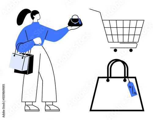 A woman holding shopping bags while inspecting a handbag, a shopping cart, and another shopping bag. Ideal for online shopping, e-commerce, retail marketing, consumer behavior, digital sales. Simple