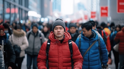 A crowded city street filled with people wearing winter clothing, highlighting a young man in a red jacket standing out from the crowd.