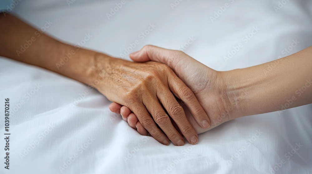 Two hands clasping each other gently, symbolizing connection, support, and empathy in a serene setting. Two hands clasping each other gently, symbolizing connection, support, and empathy in a serene setting.